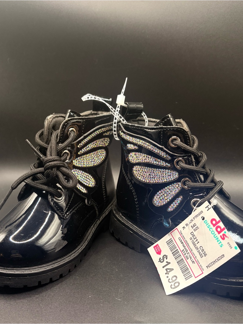 NWT Black Soft Patent Leather Gradient Color Rhinestone Butterfly Lace-Up Boots